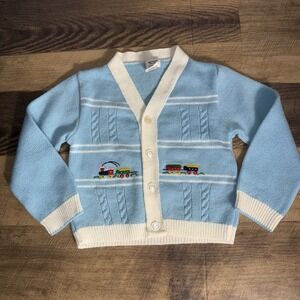 Vintage Baby Boy Cable Knit Cardigan With Embroidered Train Motif 24Mo Lt Blue